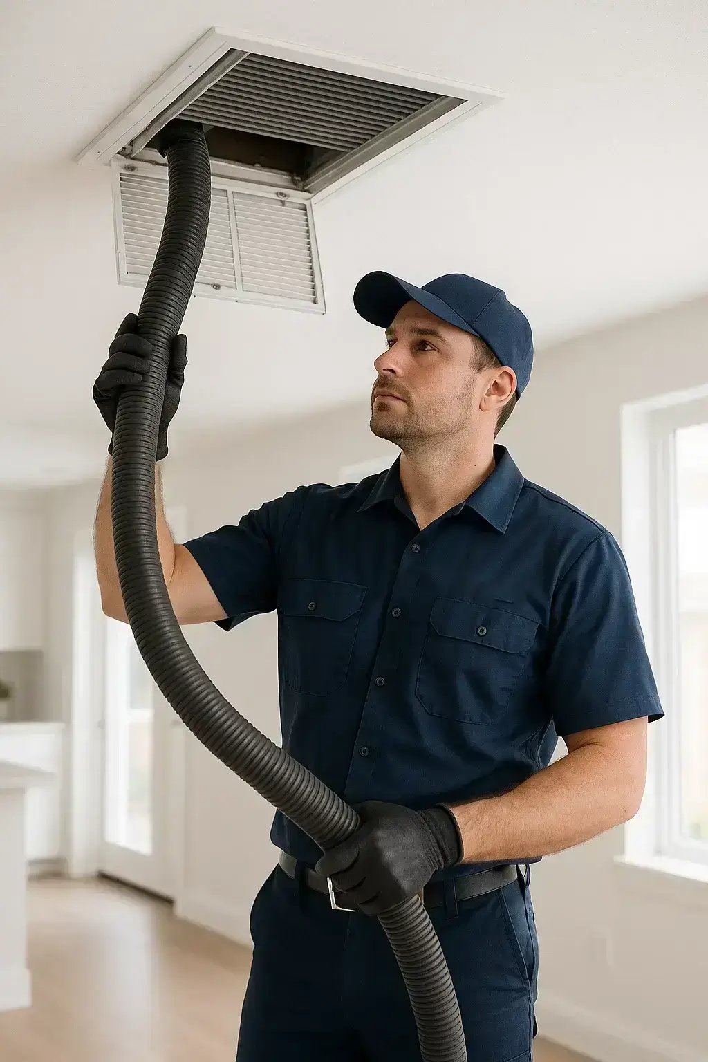Professional Richmond TX Air ducts Cleaning  technician cleaning an air vent inside a bright modern home